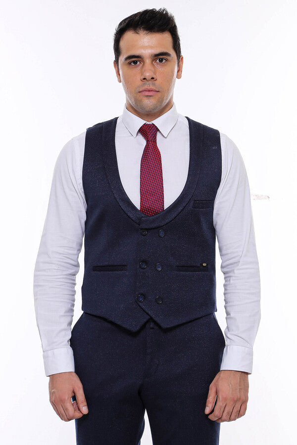 Patterned Double Breasted Dark Navy Men Vest Trousers Set - Wessi