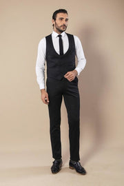 Patterned Double Breasted Navy Blue Men Trousers Vest Set - Wessi