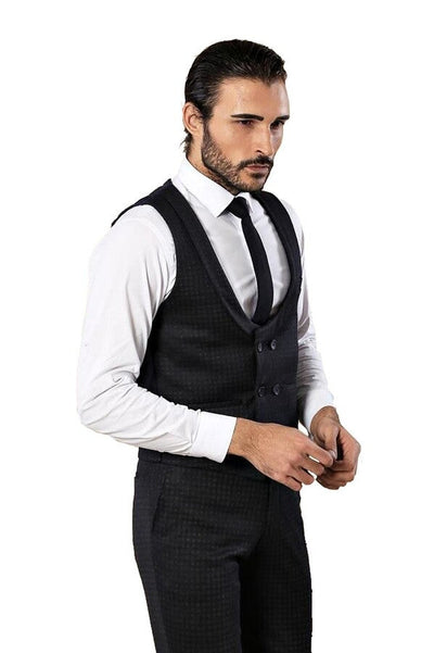 Patterned Double Breasted Navy Blue Men Trousers Vest Set - Wessi