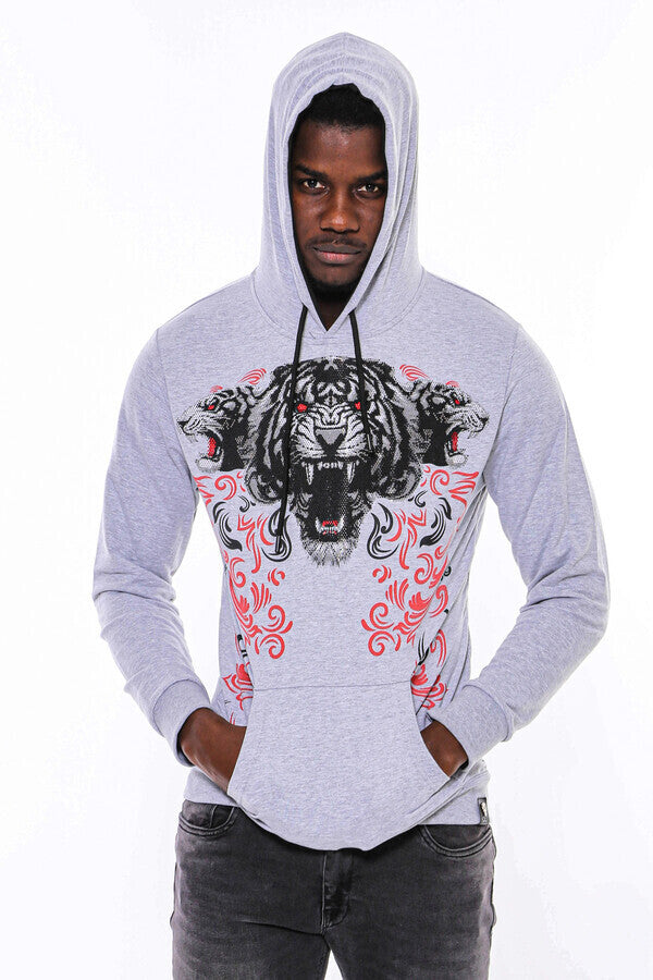 Patterned Hooded Silver Grey Sweatshirt - Wessi