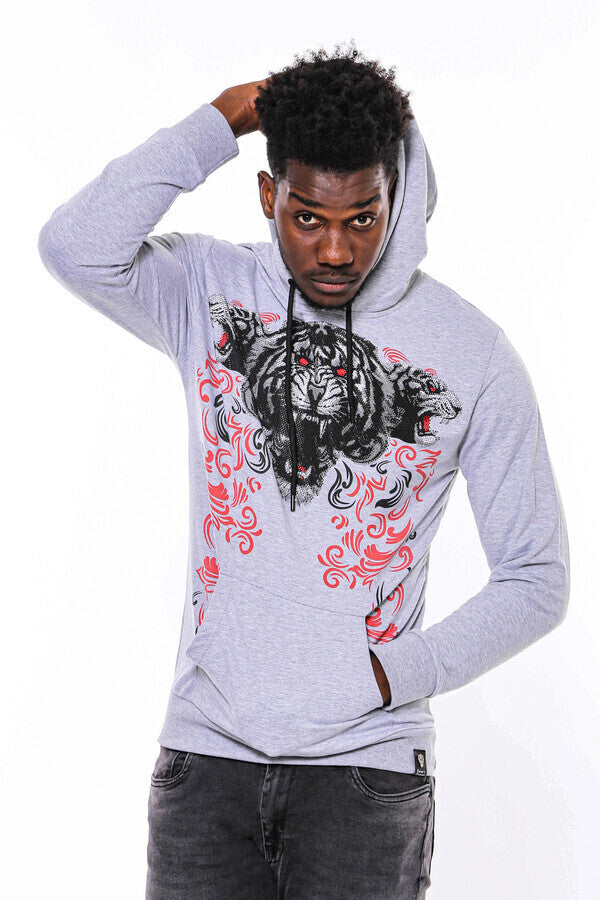 Patterned Hooded Silver Grey Sweatshirt - Wessi