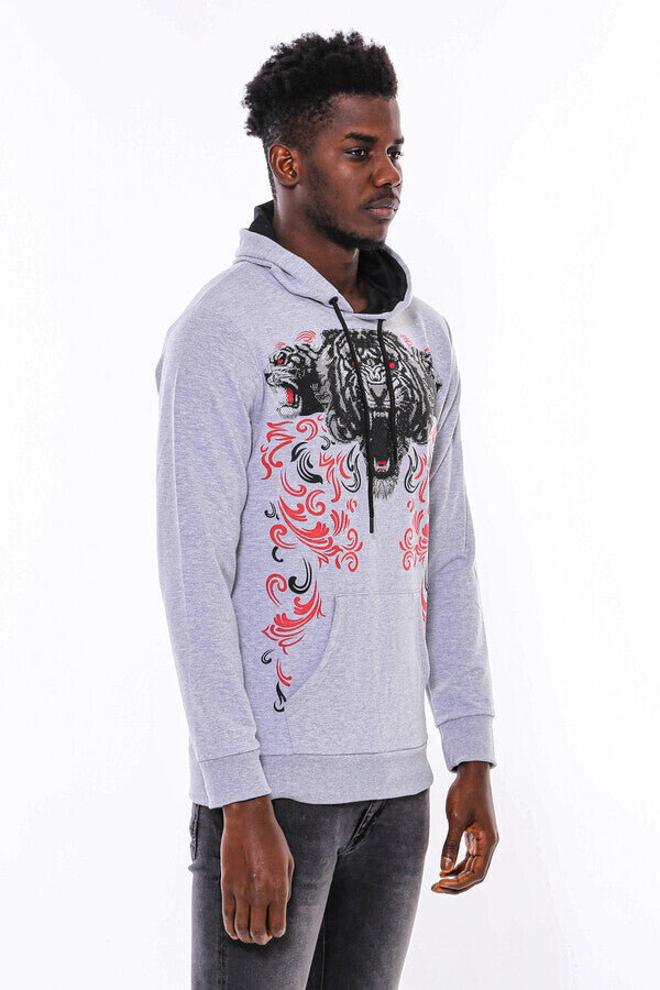 Patterned Hooded Silver Grey Sweatshirt - Wessi