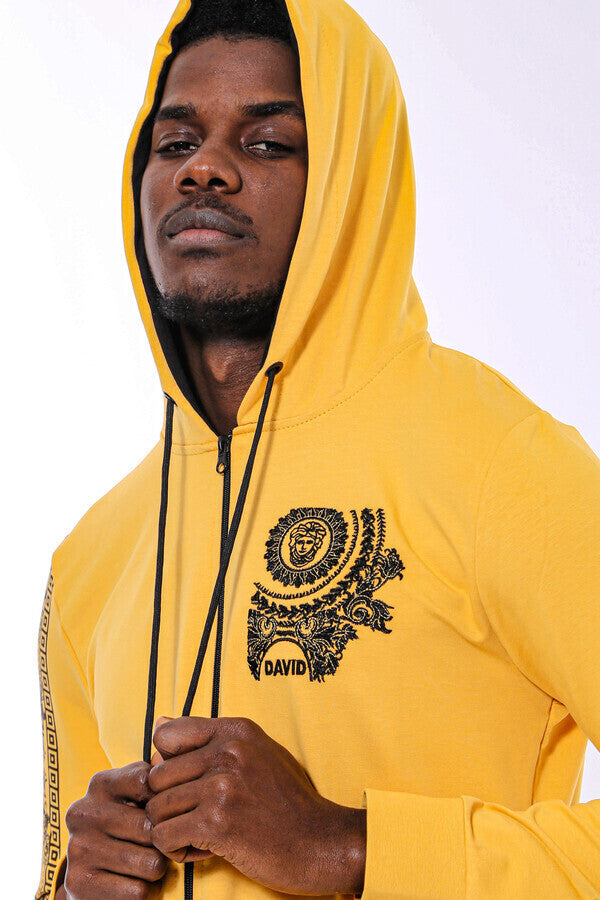 Patterned Hooded Zippered Yellow Sweatshirt - Wessi