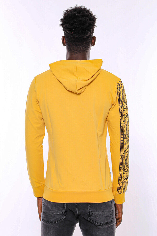 Patterned Hooded Zippered Yellow Sweatshirt - Wessi