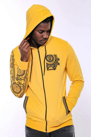 Patterned Hooded Zippered Yellow Sweatshirt - Wessi