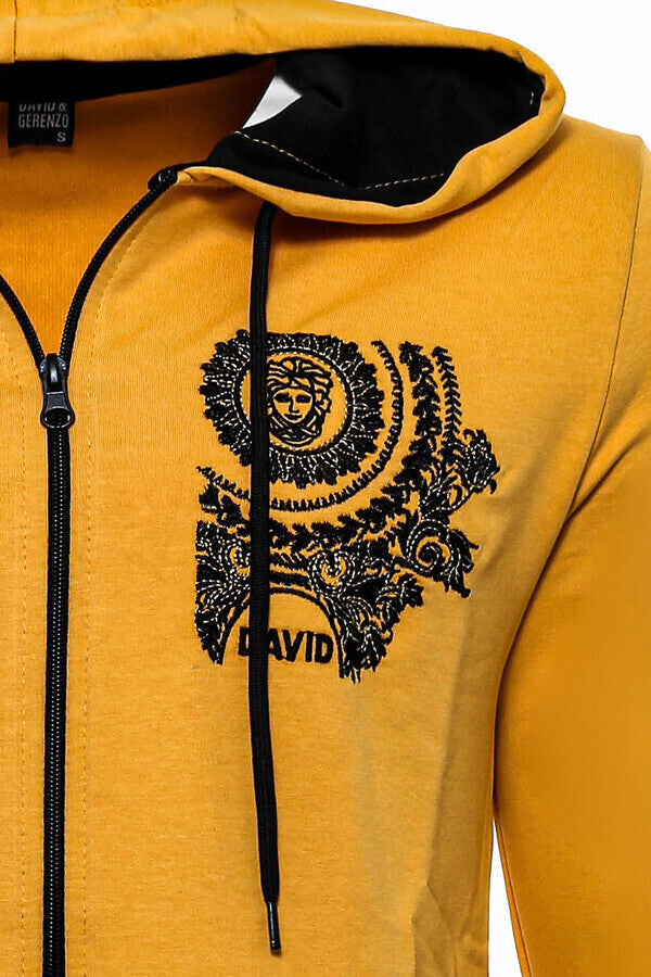 Patterned Hooded Zippered Yellow Sweatshirt - Wessi