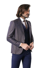 Patterned Navy Blue Brown Men Suit - Wessi