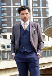 Patterned Navy Blue Brown Men Suit - Wessi