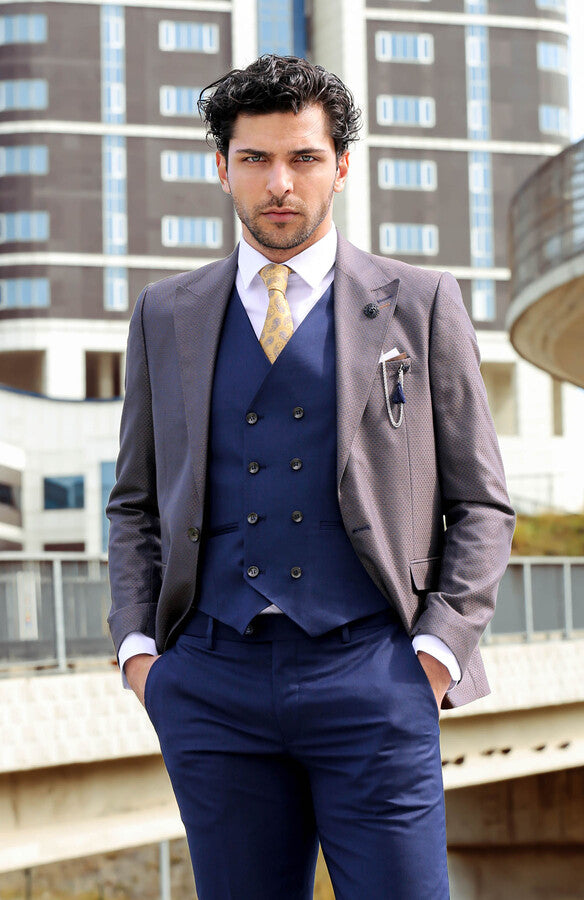 Patterned Navy Blue Brown Men Suit - Wessi