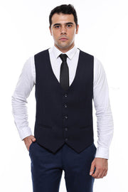 Patterned Navy Blue V Neck Vest - Wessi