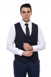 Patterned Navy Blue V Neck Vest - Wessi