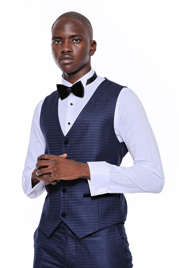 Patterned Velvet Lapel Navy Blue Men Tuxedo - Wessi