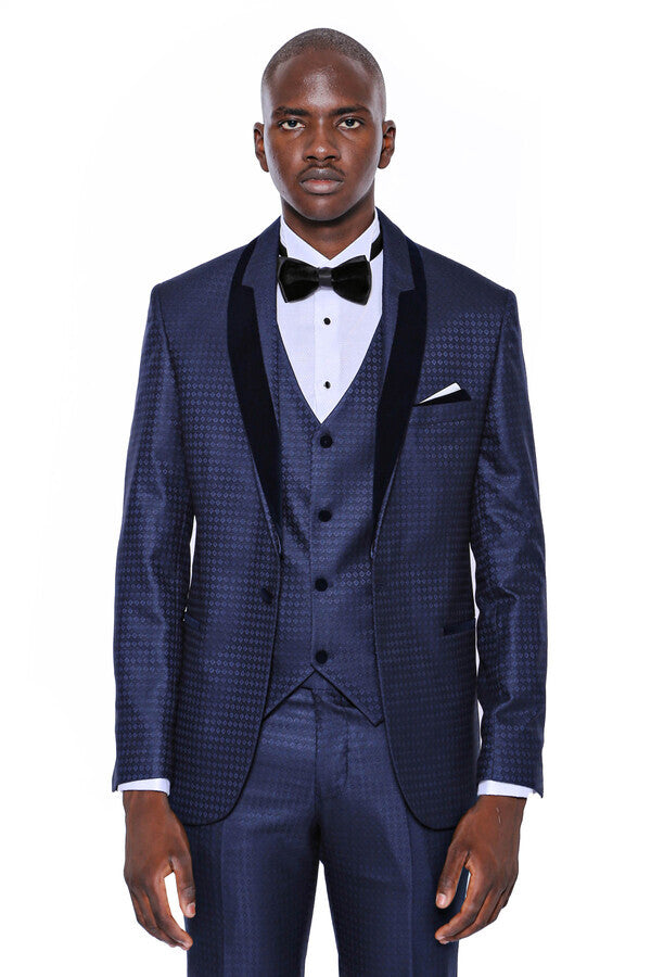 Patterned Velvet Lapel Navy Blue Men Tuxedo - Wessi