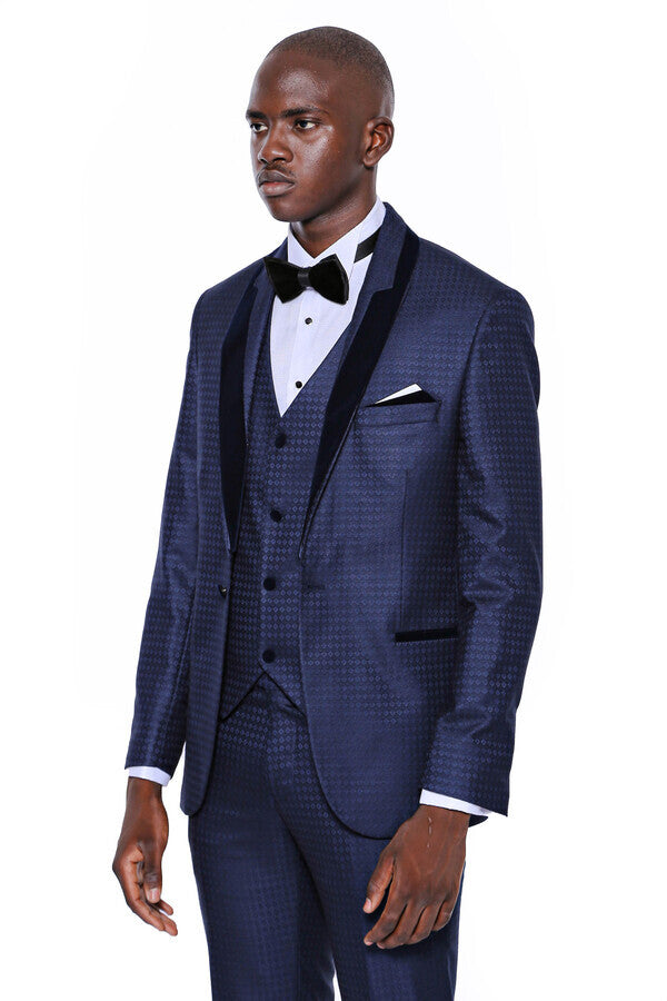 Patterned Velvet Lapel Navy Blue Men Tuxedo - Wessi