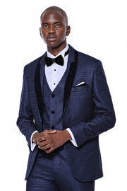 Patterned Velvet Lapel Navy Blue Men Tuxedo - Wessi