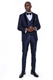 Patterned Velvet Lapel Navy Blue Men Tuxedo - Wessi