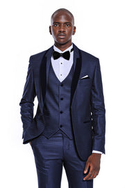 Patterned Velvet Lapel Navy Blue Men Tuxedo - Wessi