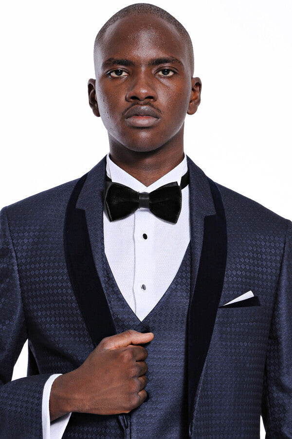 Patterned Velvet Lapel Navy Blue Men Tuxedo - Wessi