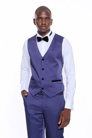 Patterned Navy Blue Velvet Lapel Tuxedo - Wessi