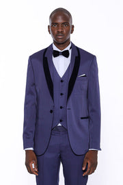 Patterned Navy Blue Velvet Lapel Tuxedo - Wessi