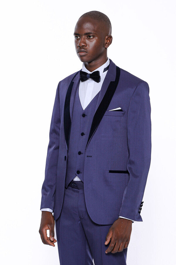 Patterned Navy Blue Velvet Lapel Tuxedo - Wessi