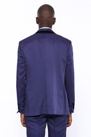 Patterned Navy Blue Velvet Lapel Tuxedo - Wessi