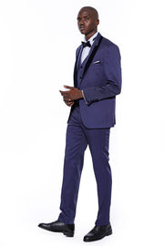 Patterned Navy Blue Velvet Lapel Tuxedo - Wessi