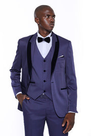 Patterned Navy Blue Velvet Lapel Tuxedo - Wessi