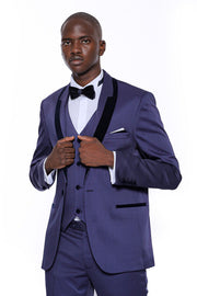 Patterned Navy Blue Velvet Lapel Tuxedo - Wessi