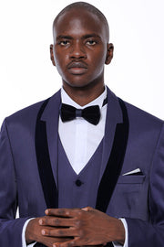 Patterned Navy Blue Velvet Lapel Tuxedo - Wessi