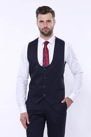 Patterned Navy Blue Vested Suit | Wessi