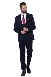 Patterned Navy Blue Vested Suit | Wessi