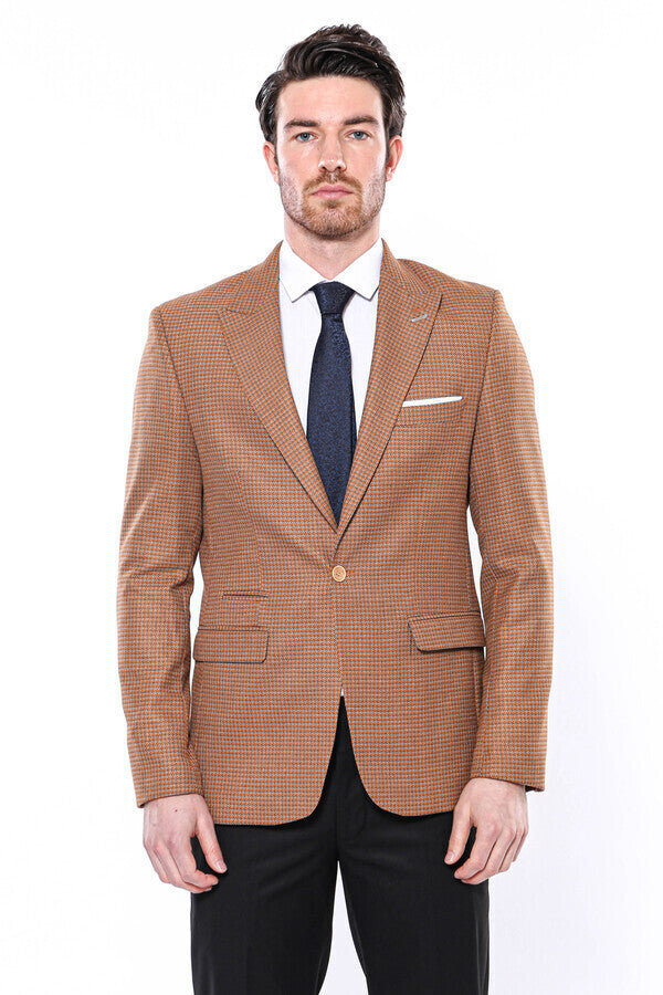 Patterned Orange Slim-Fit Blazer - Wessi