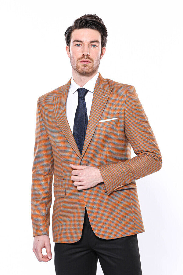 Patterned Orange Slim-Fit Blazer - Wessi