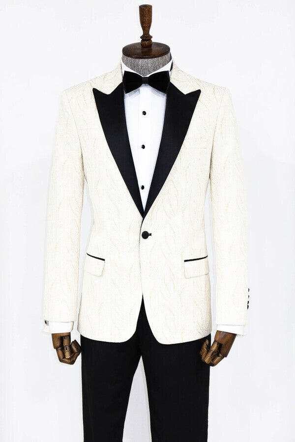 Patterned Shiny White Men Prom Blazer - Wessi