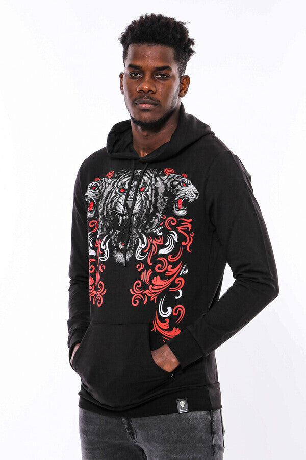 Patterned Slim Fit Black Hooded Sweatshirt - Wessi