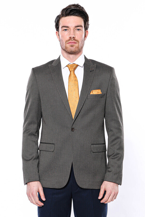 Patterned Slim-Fit Brown Men Blazer - Wessi