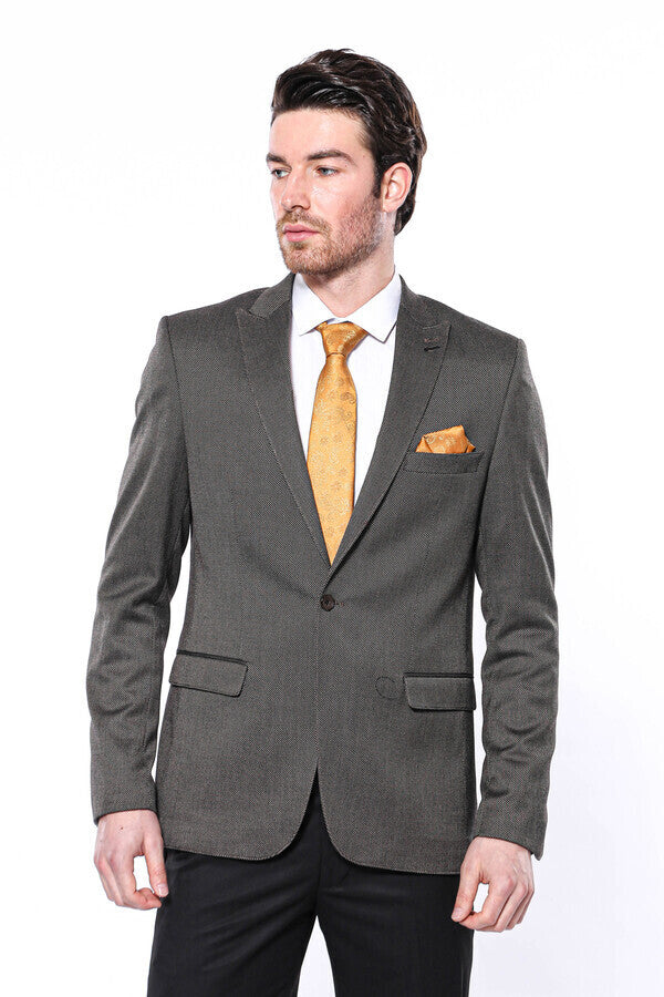 Patterned Slim-Fit Brown Men Blazer - Wessi