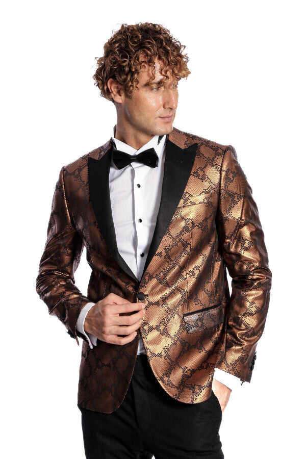 Patterned Slim Fit Brown Men Prom Blazer - Wessi