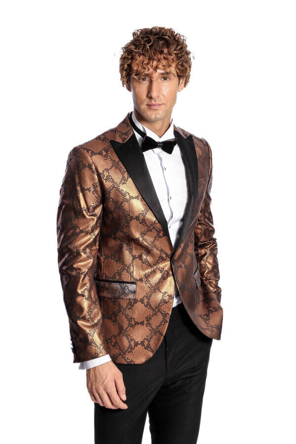 Patterned Slim Fit Brown Men Prom Blazer - Wessi