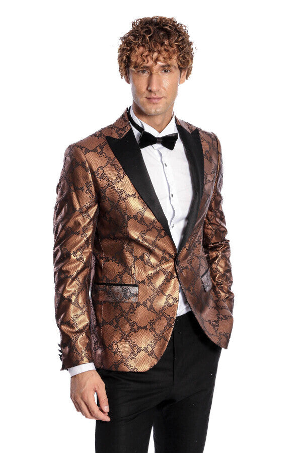 Patterned Slim Fit Brown Men Prom Blazer - Wessi