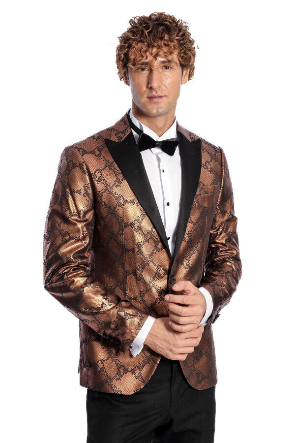 Patterned Slim Fit Brown Men Prom Blazer - Wessi