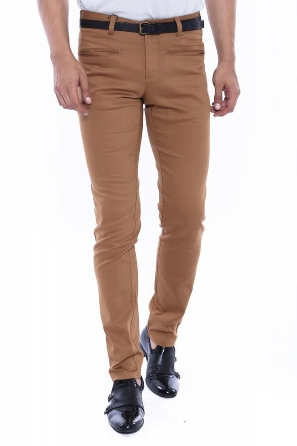 Patterned Slim Fit Cotton Tan Men Pants - Wessi