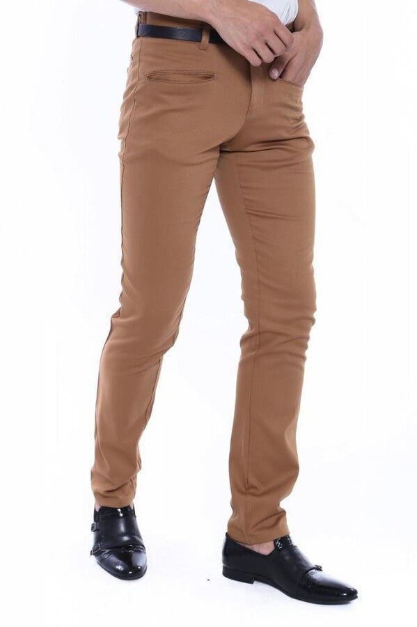 Patterned Slim Fit Cotton Tan Men Pants - Wessi