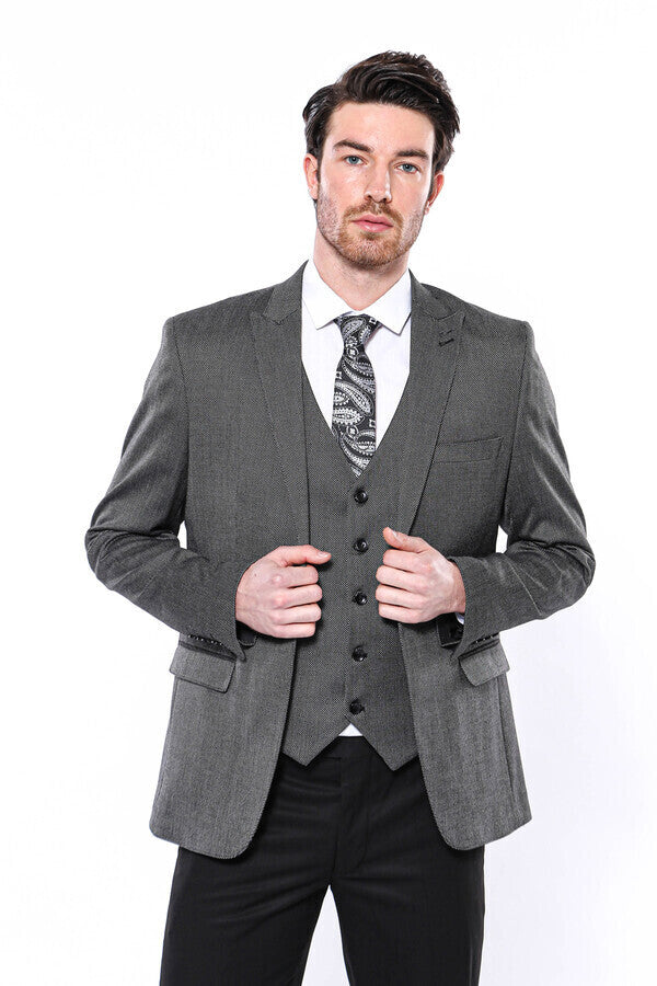 Patterned Slim-Fit Dark Grey Men Blazer - Wessi