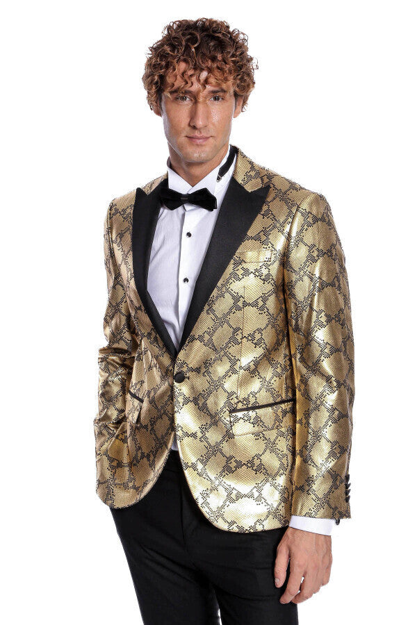 Patterned Slim Fit Gold Men Prom Blazer - Wessi