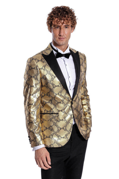 Patterned Slim Fit Gold Men Prom Blazer - Wessi