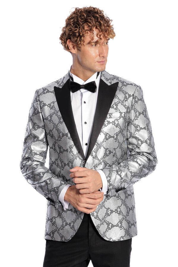 Patterned Slim Fit Grey Men Prom Blazer - Wessi