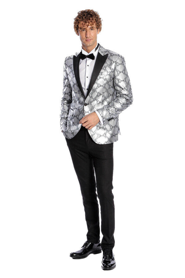 Patterned Slim Fit Grey Men Prom Blazer - Wessi