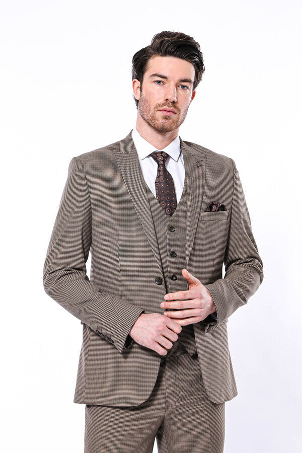 Patterned Slim Fit Light Brown Men Blazer - Wessi